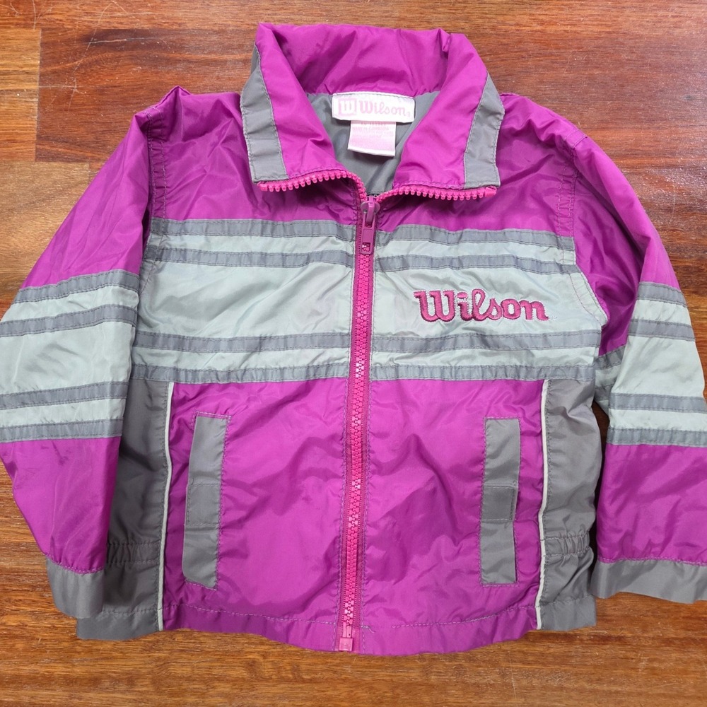Wilson Kids Windbreaker Jacket Magenta Grey Striped Full Zip Mesh Lined‎ 18M